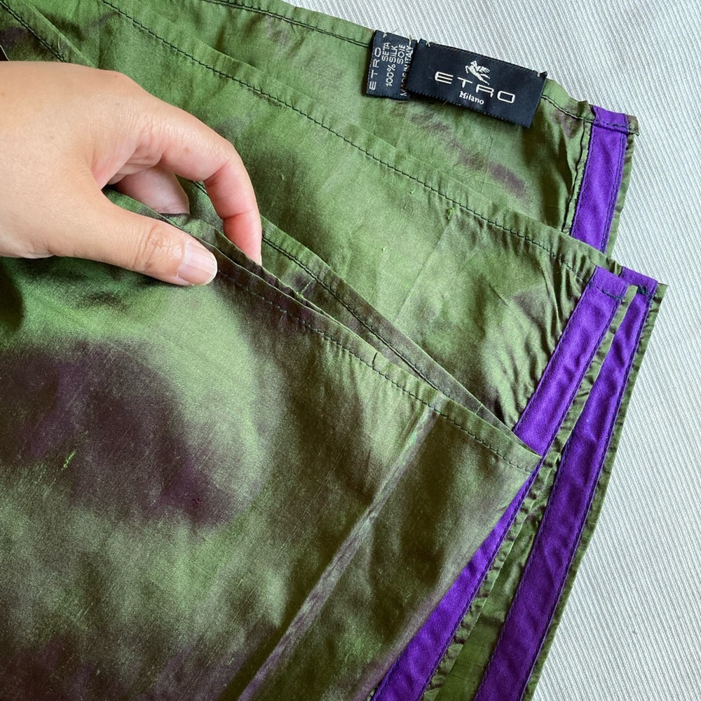 Vintage ETRO Italy Raw Silk Olive Green Purple Sheen Oblong Scarf Shawl 56”x18” - Picture 12 of 13